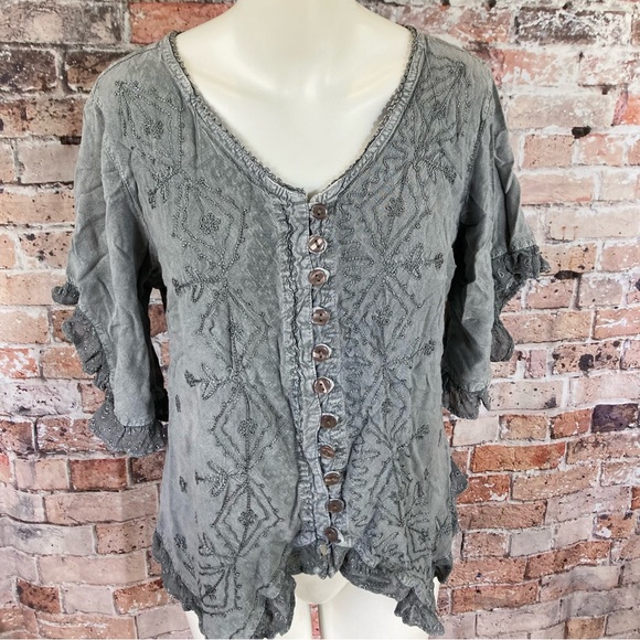 Advanced Apparrels Blouse Button Down V-Neck Distressed Gray Sz XXL - Picture 2 of 12
